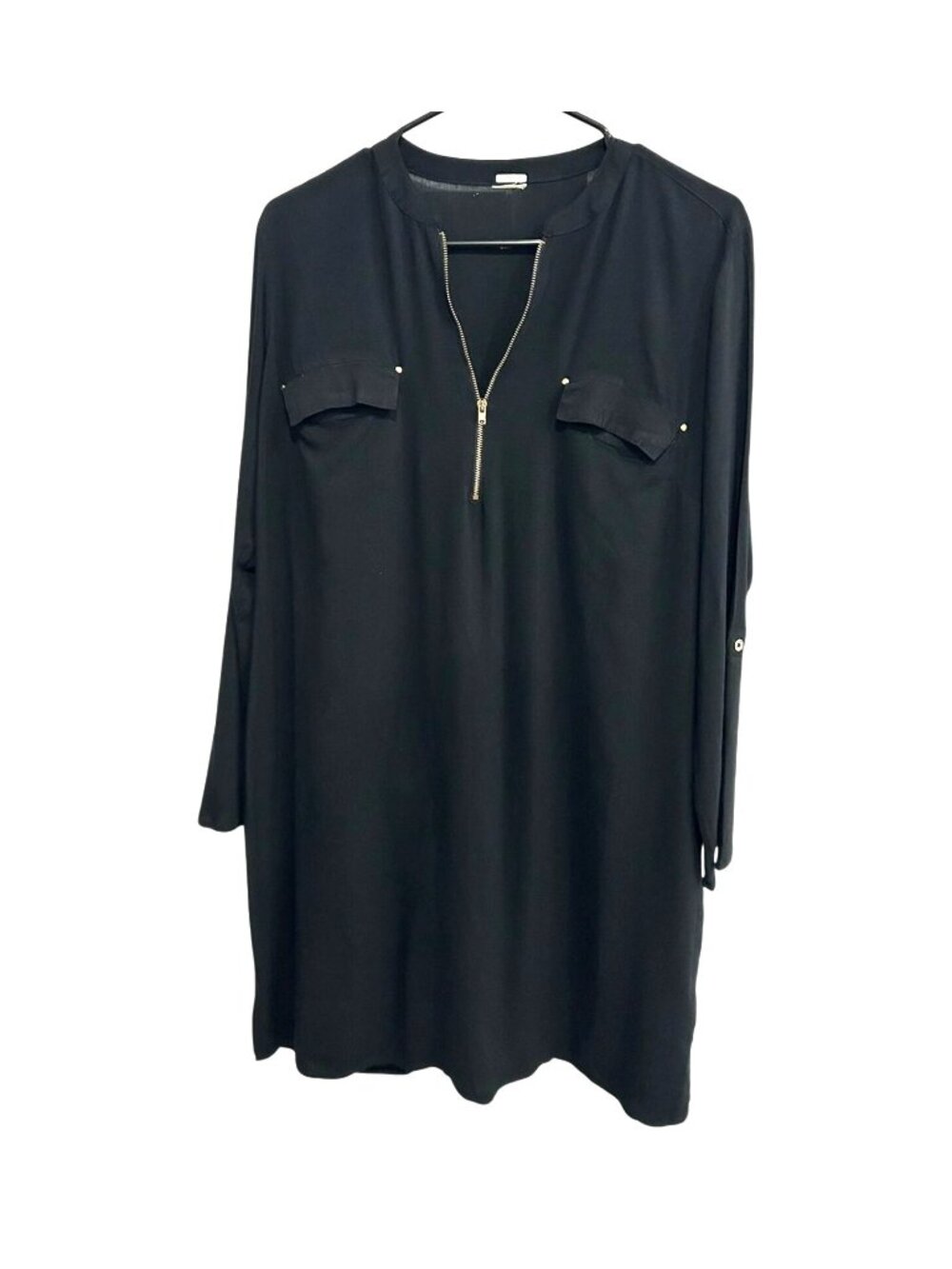 Black Zipper Front Long Sleeve Shift Dress Chest Pockets Foldable Sleeves